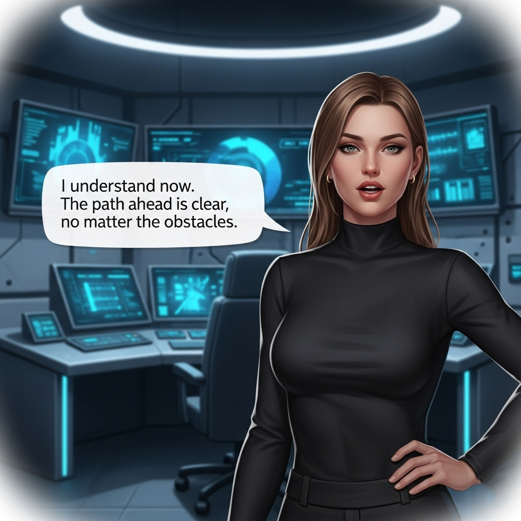 A scene from an interactive story game on a screen